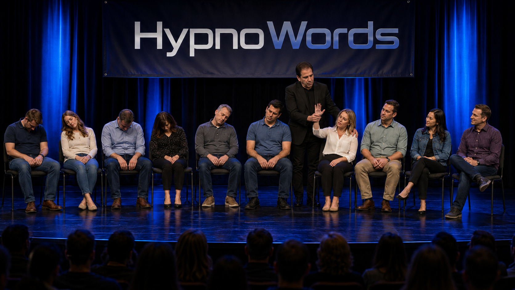 David Reich performing a live HypnoWords stage hypnosis show with seated volunteers.